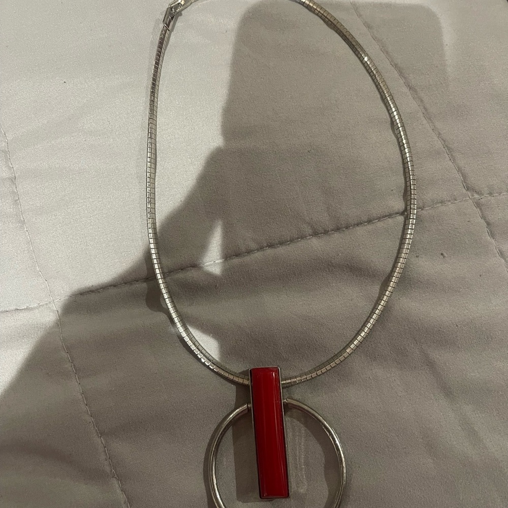 Chic Silver Necklace with Red Pendant